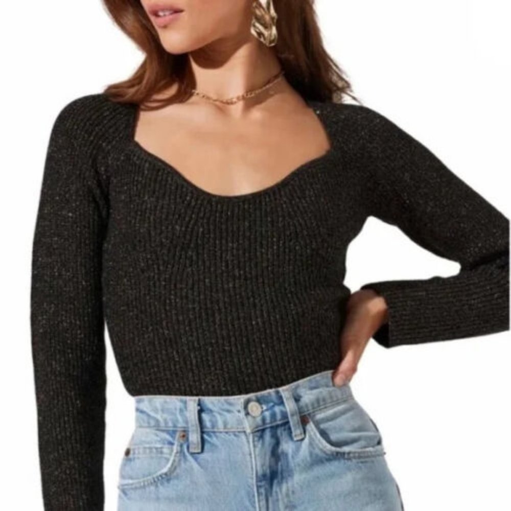 ASTR The Label Black Gold Long Sleeve Square Neck Metallic Sweater XL